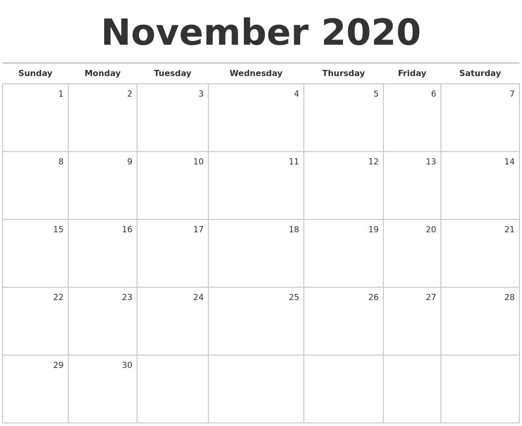 November 2020 Blank Monthly Calendar