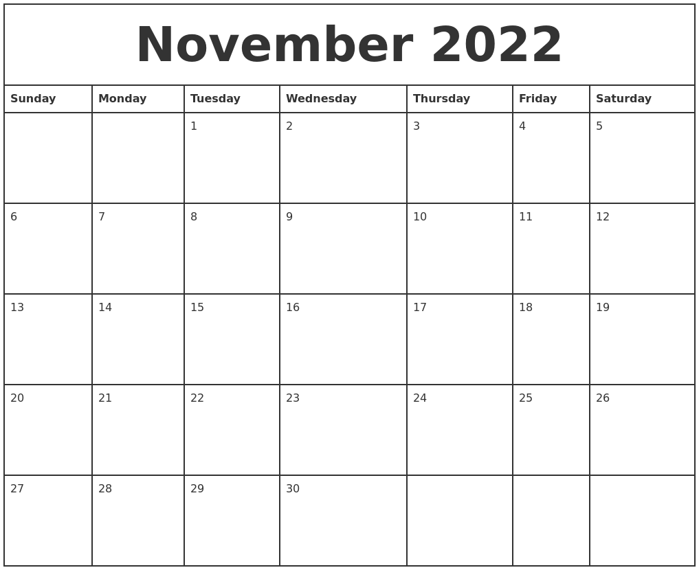 November 2022 Printable Monthly Calendar