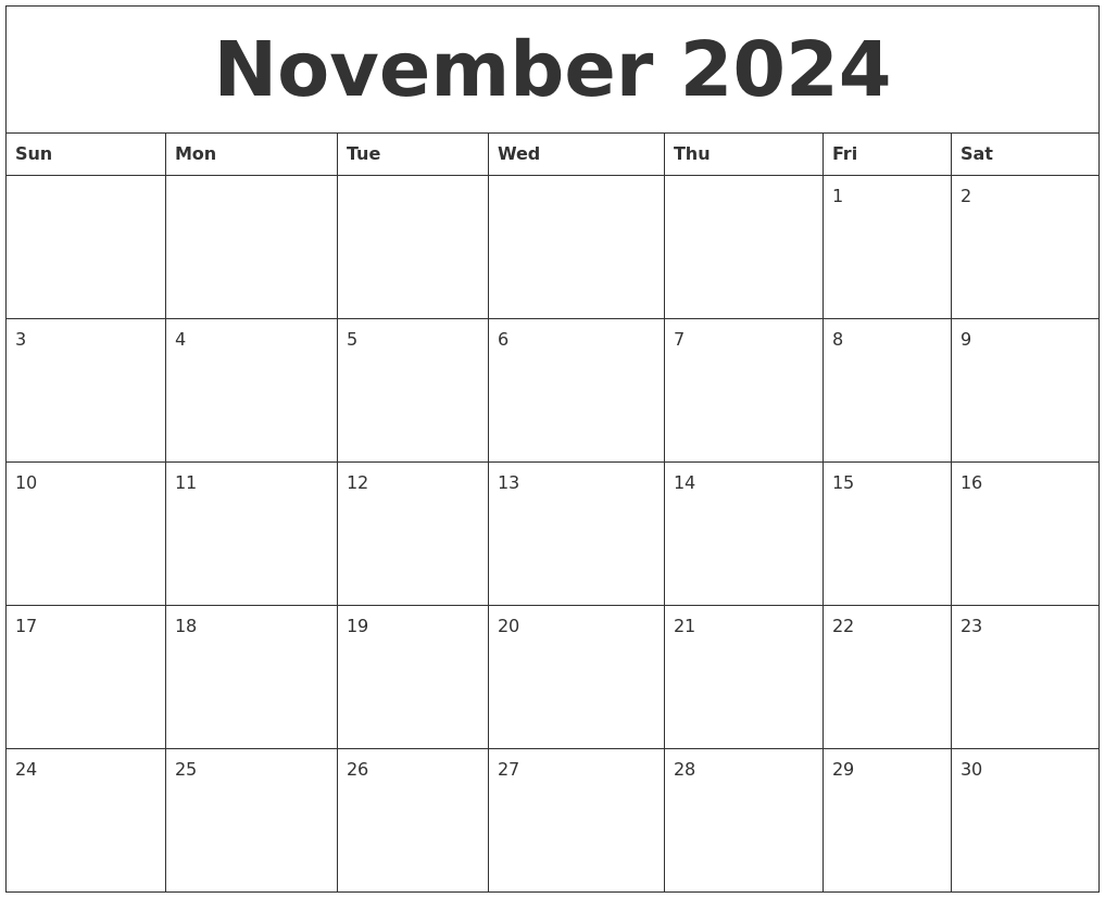 November 2024 Free Monthly Calendar Template
