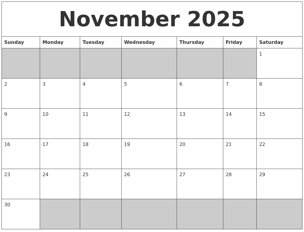 November 2025 Calendar Free Printable