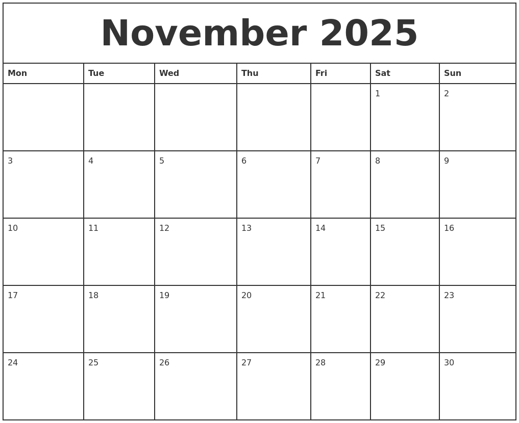 November 2025 Printable Monthly Calendar