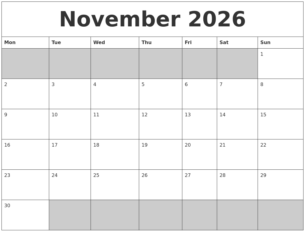 November 2026 Blank Printable Calendar