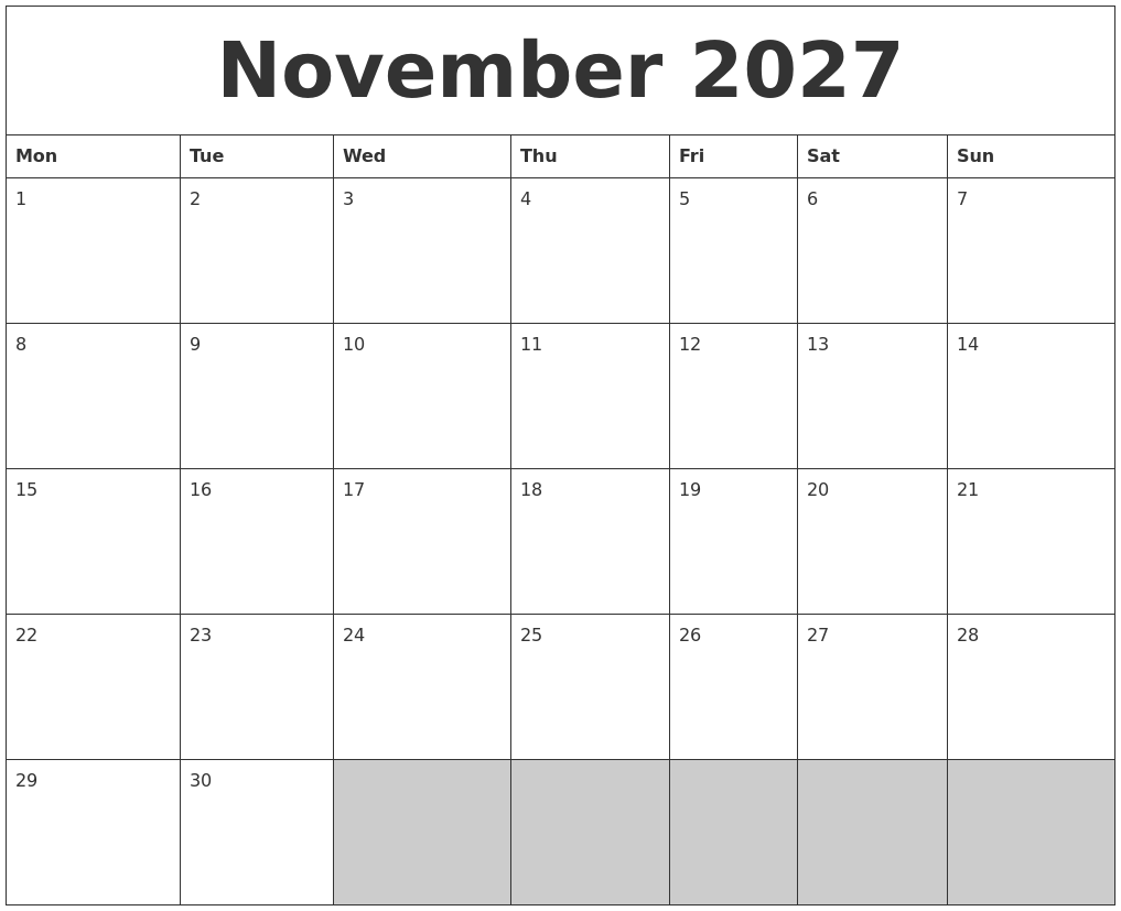 November 2027 Blank Printable Calendar
