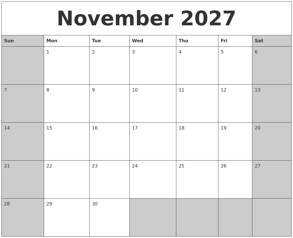 November 2027 Calanders