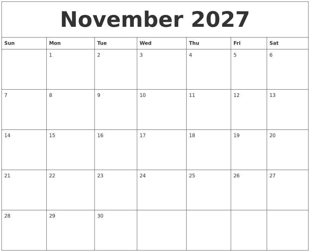 November 2027 Calendar For Printing