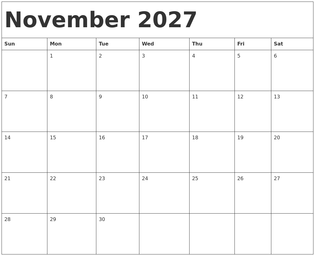 November 2027 Calendar Template