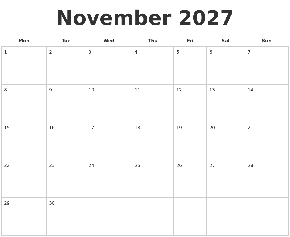 November 2027 Calendars Free