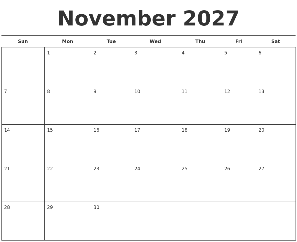 November 2027 Free Calendar Template