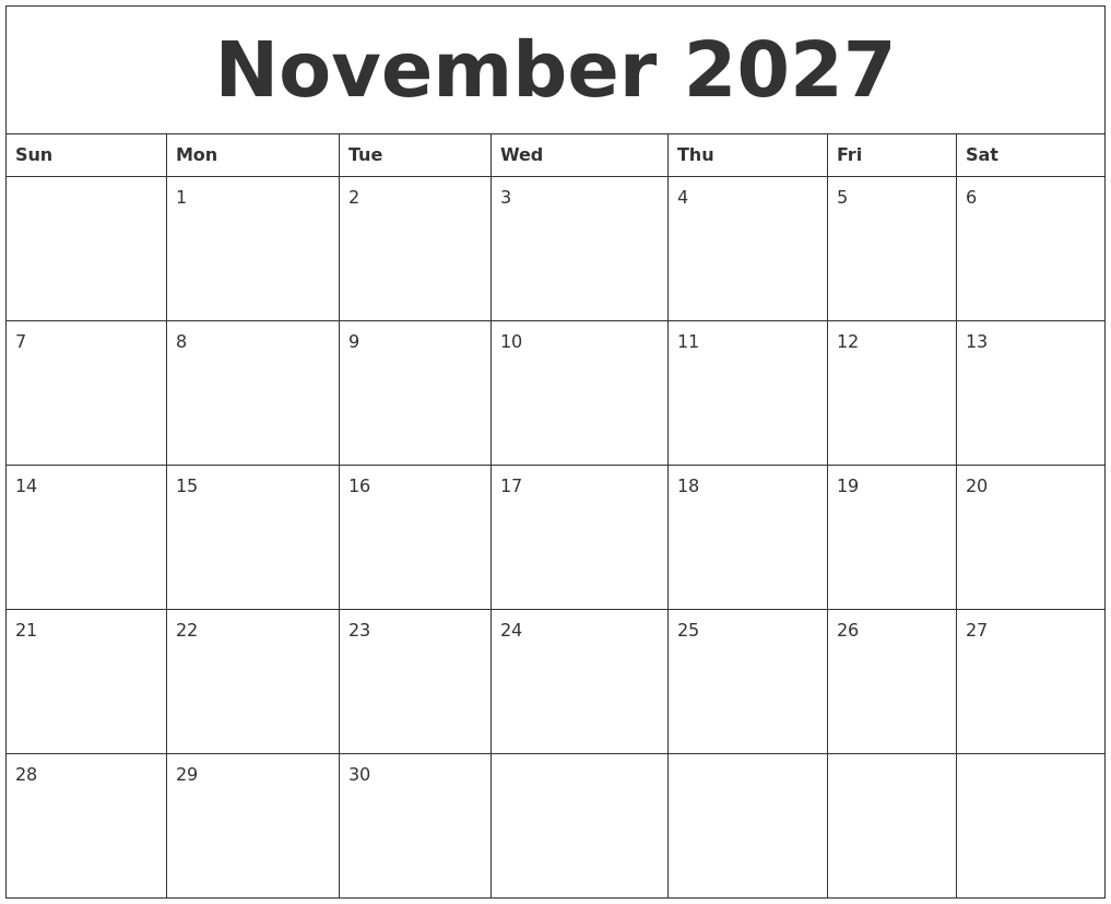 November 2027 Free Printable Calenders