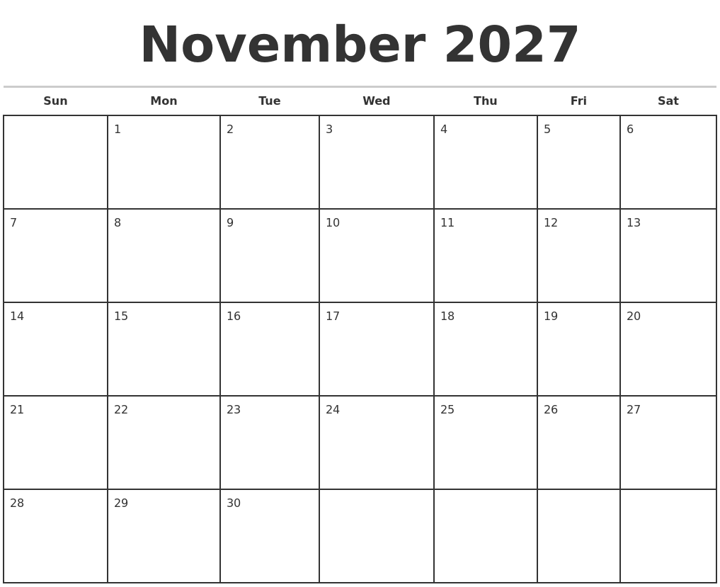 November 2027 Monthly Calendar Template