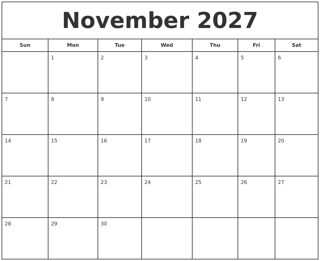 November 2027 Print Free Calendar