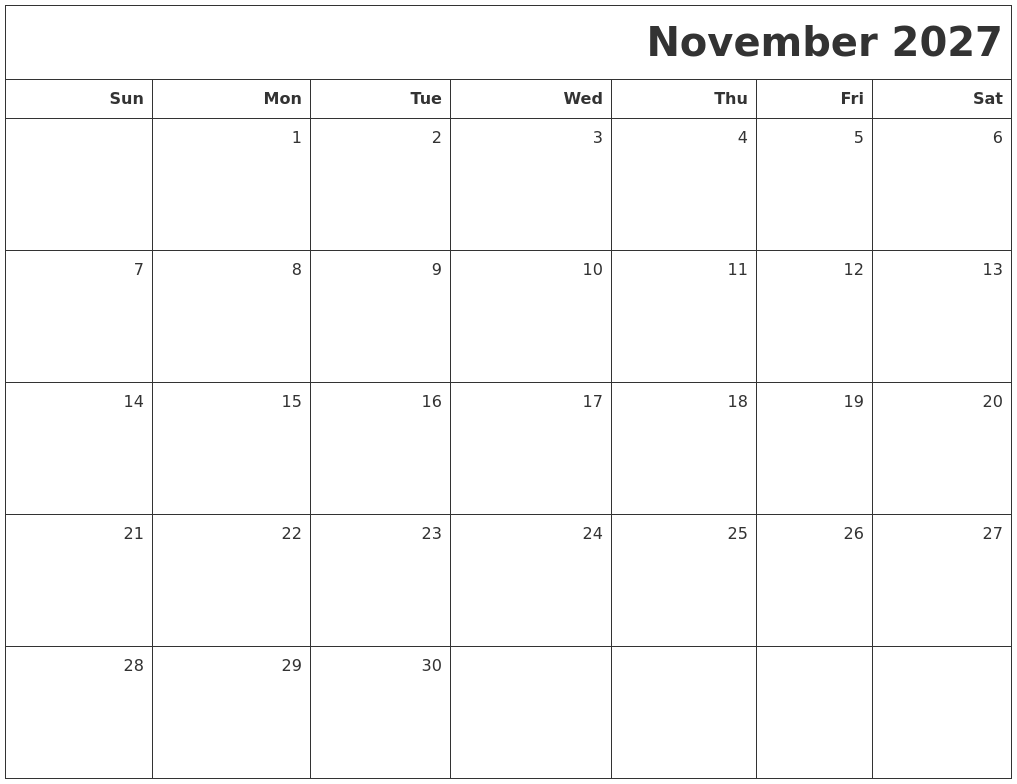 November 2027 Printable Blank Calendar