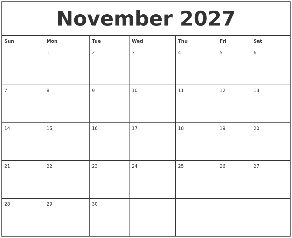 November 2027 Printable Monthly Calendar