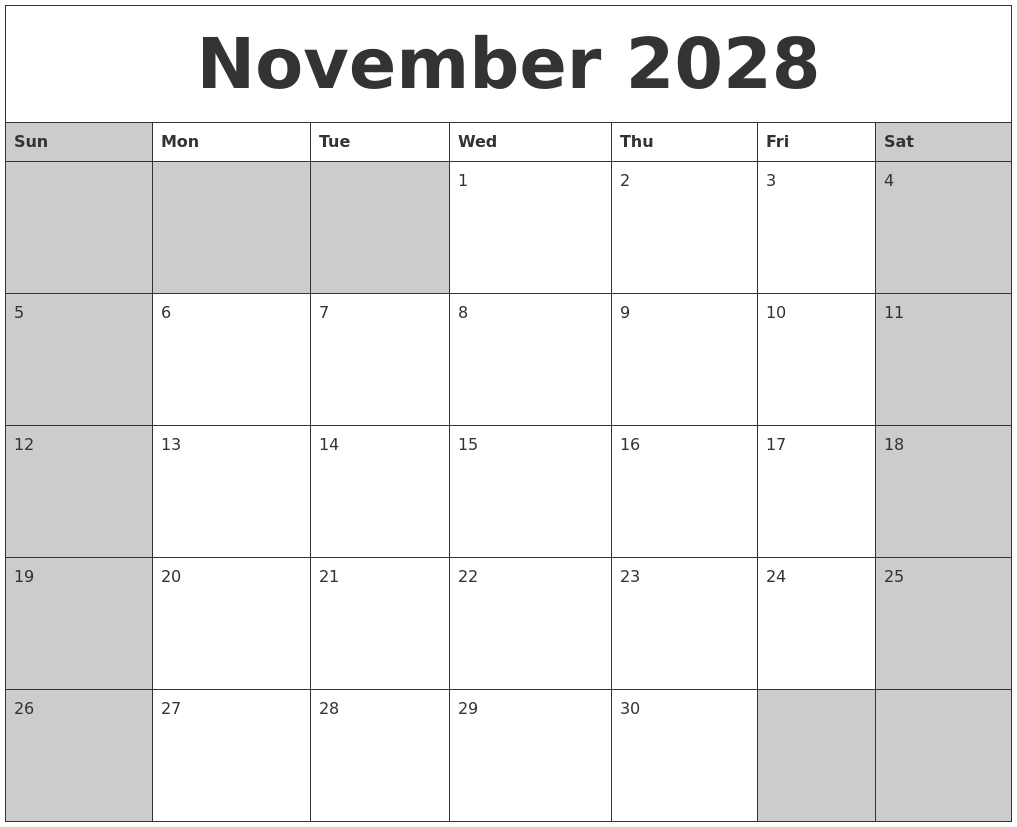 November 2028 Calanders