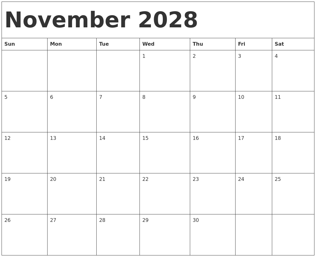 November 2028 Calendar Template