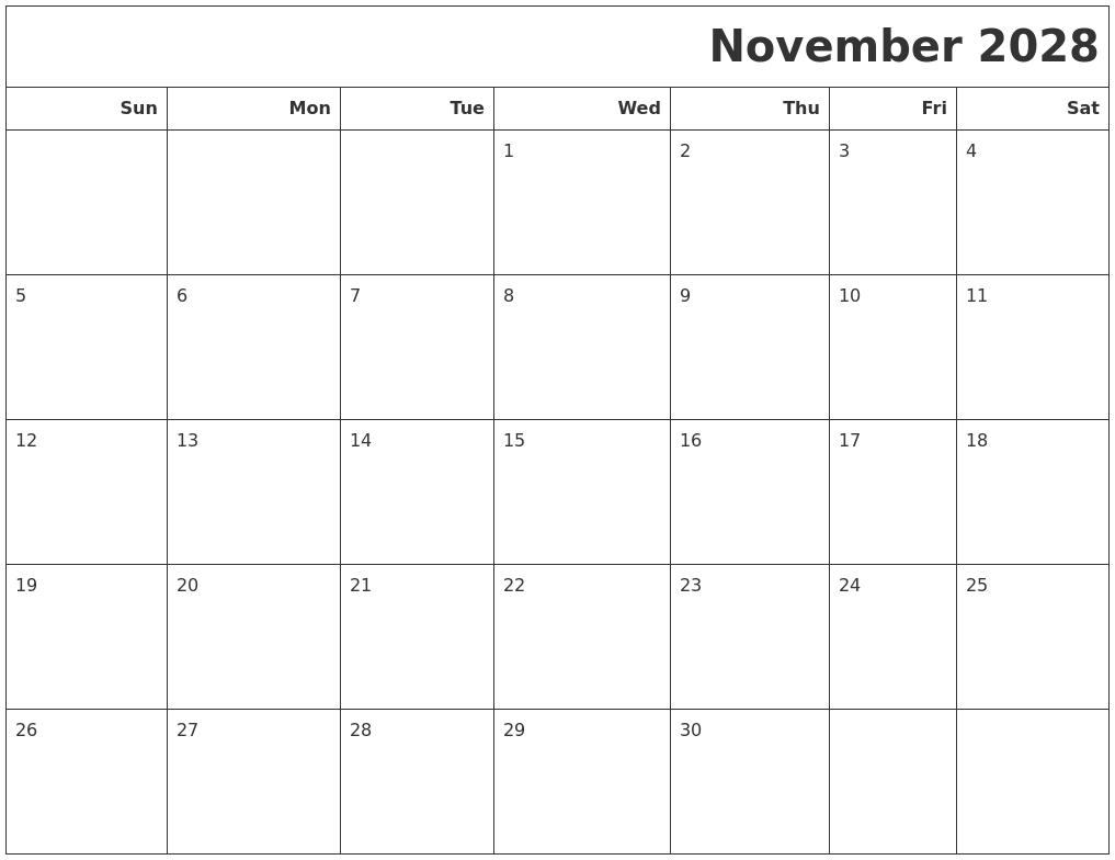 November 2028 Calendars To Print