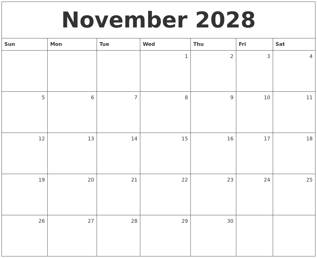 November 2028 Monthly Calendar