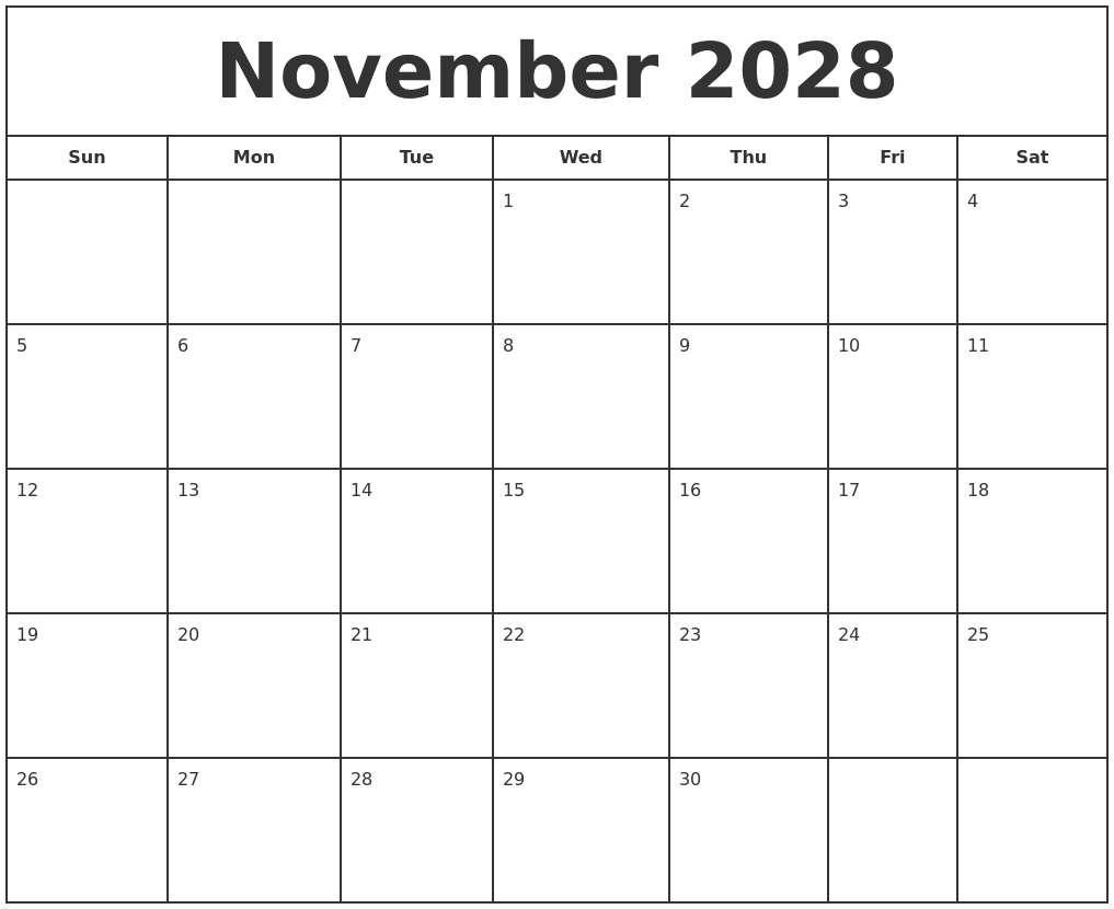 November 2028 Print Free Calendar