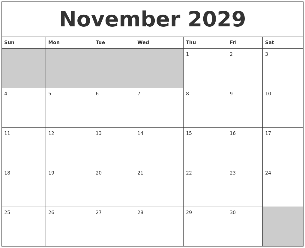 November 2029 Blank Printable Calendar