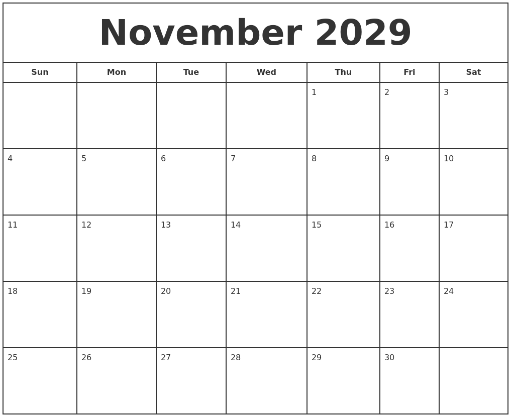November 2029 Print Free Calendar