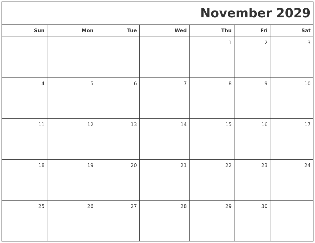 November 2029 Printable Blank Calendar
