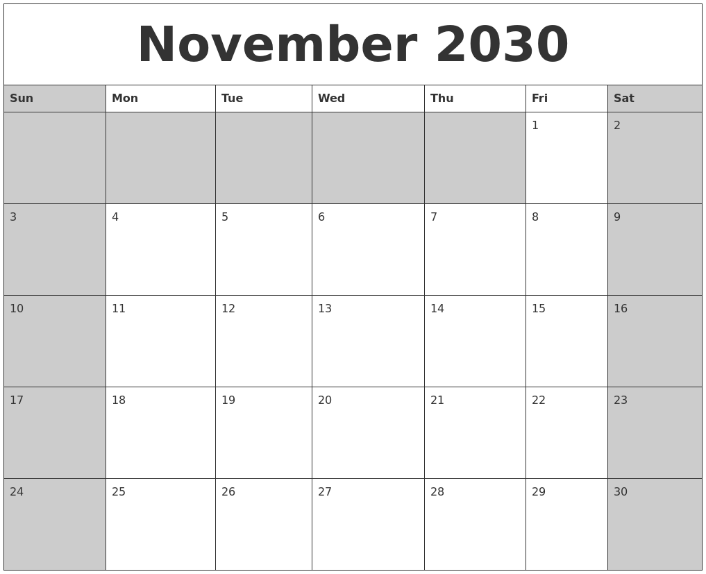 November 2030 Calanders