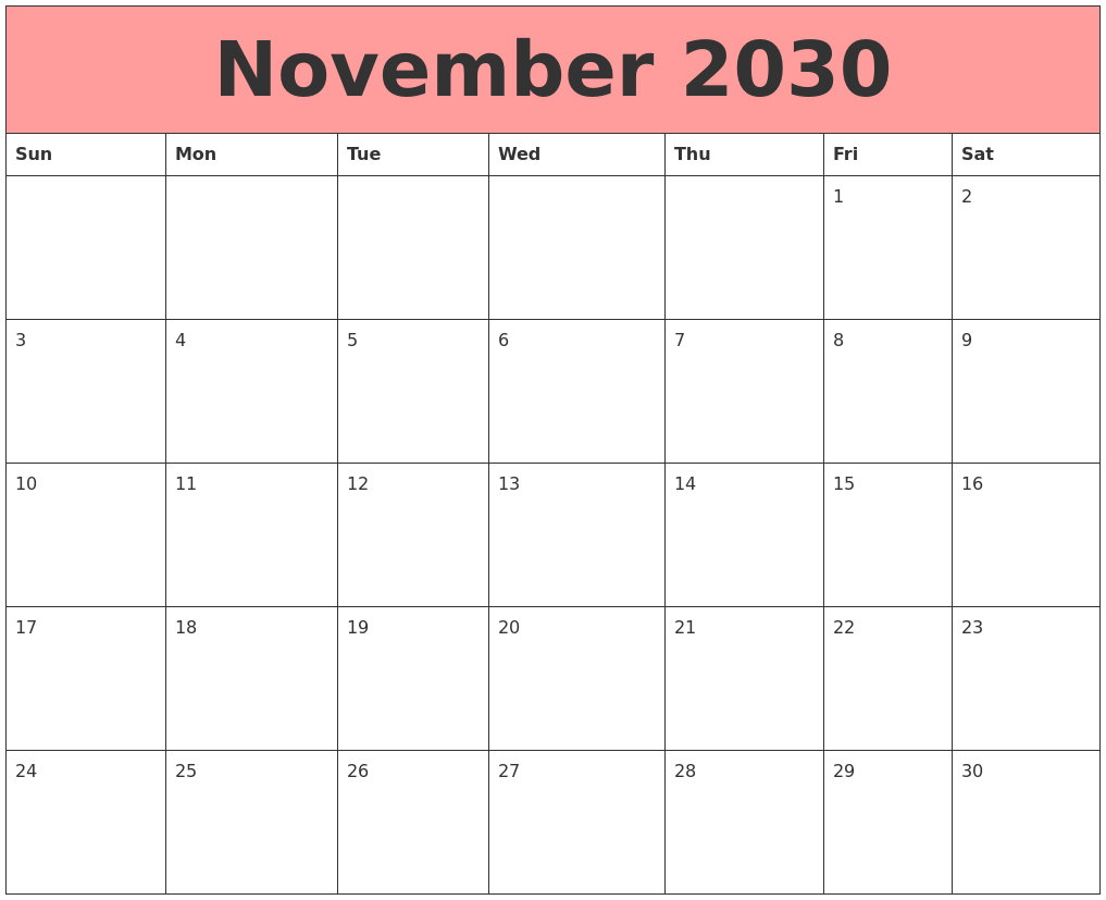 November 2030 Calendars That Work