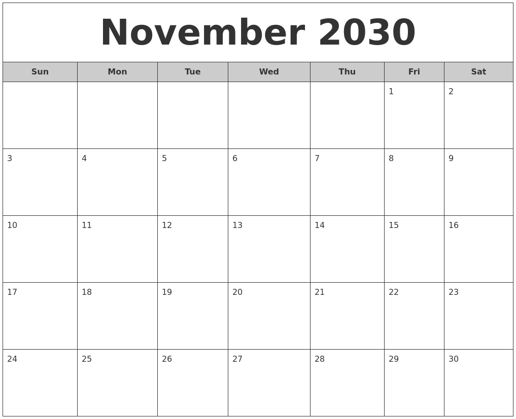 November 2030 Free Monthly Calendar