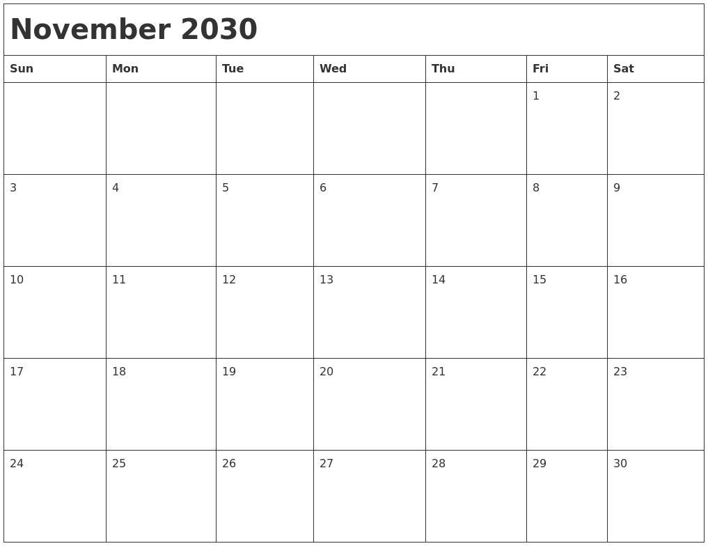 November 2030 Month Calendar