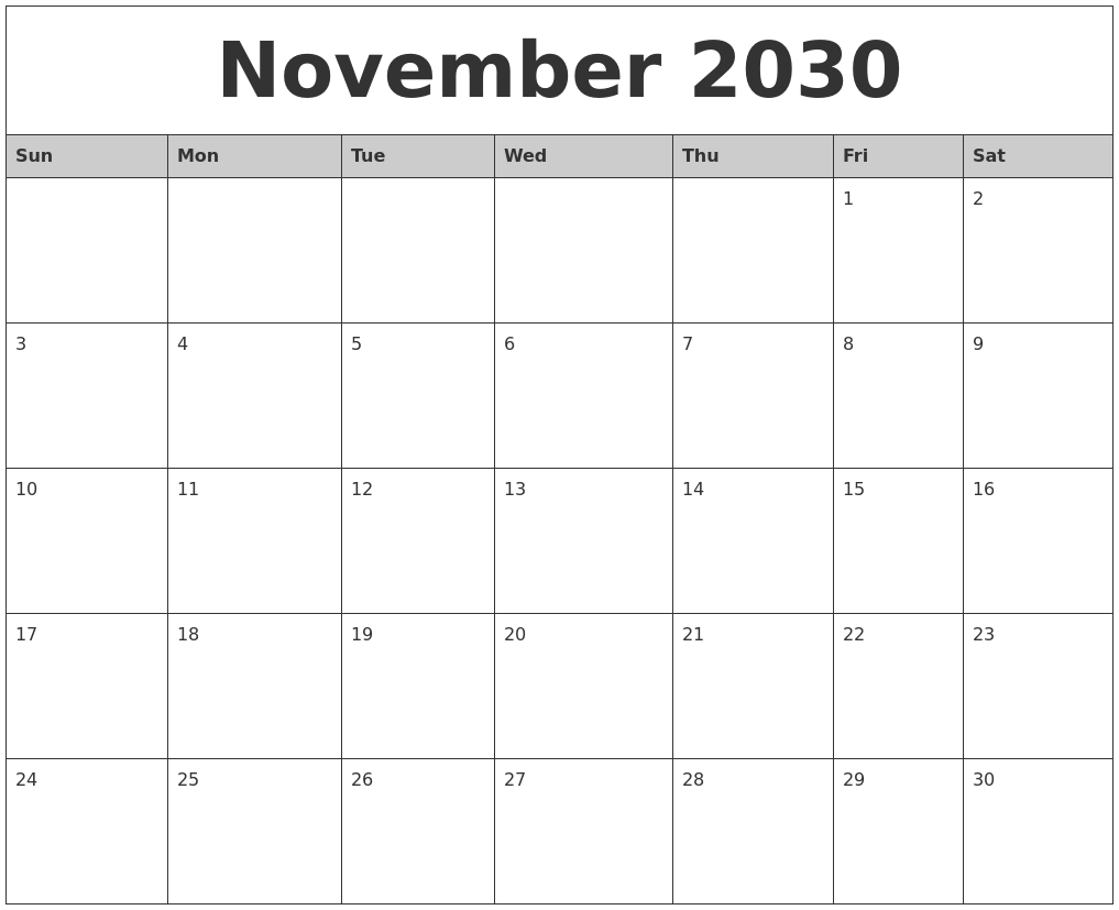 November 2030 Monthly Calendar Printable