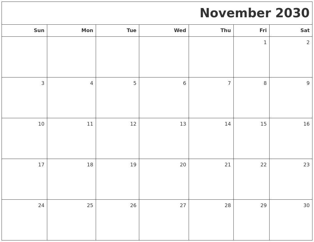 November 2030 Printable Blank Calendar