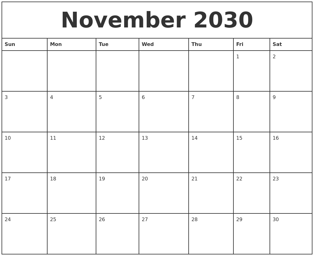 November 2030 Printable Monthly Calendar