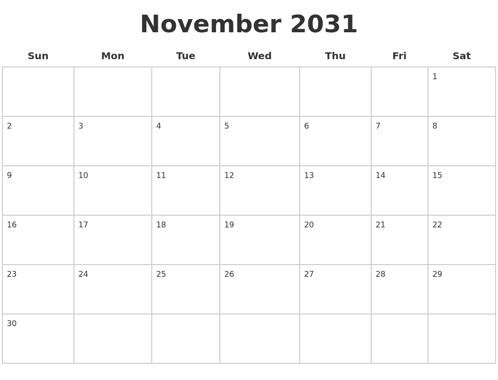 November 2031 Blank Calendar Pages