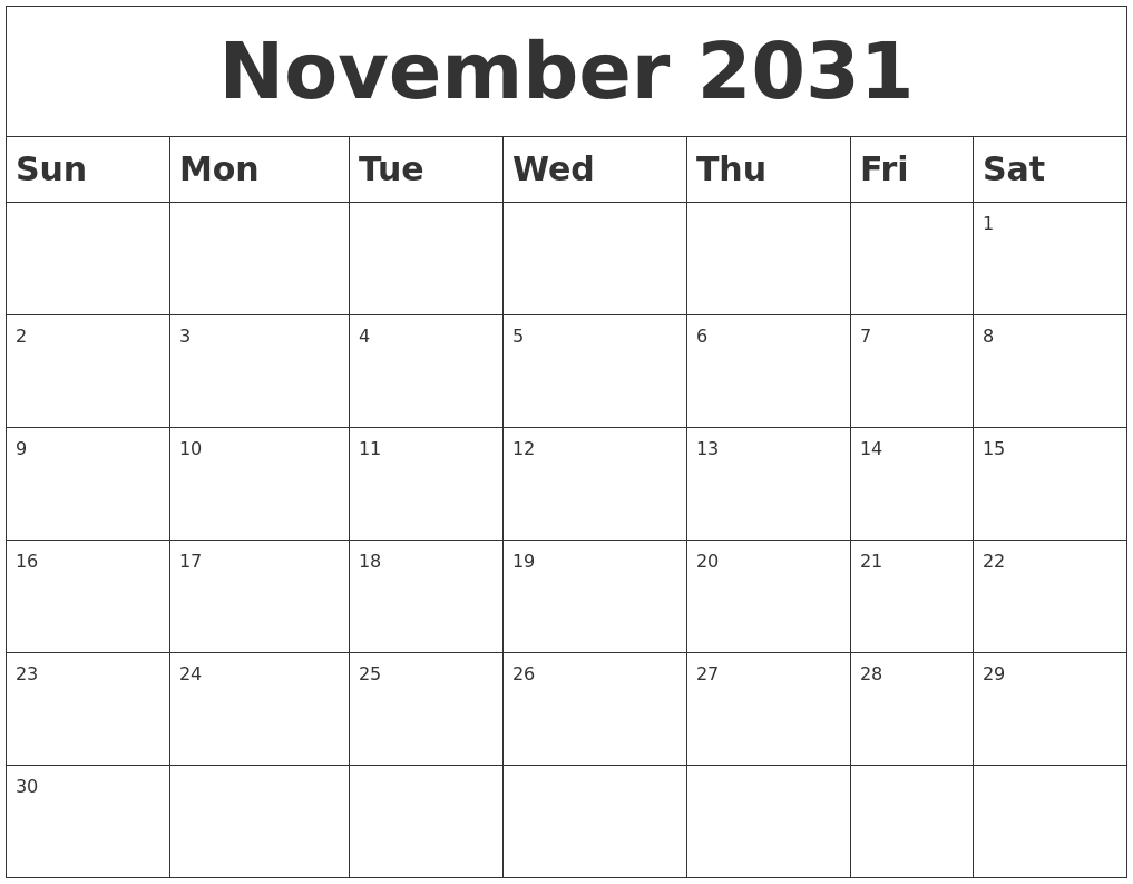 November 2031 Blank Calendar