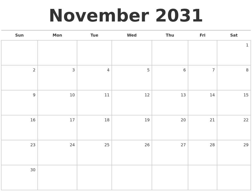 November 2031 Blank Monthly Calendar