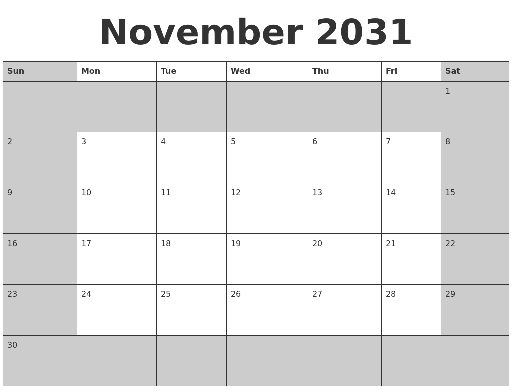 November 2031 Calanders