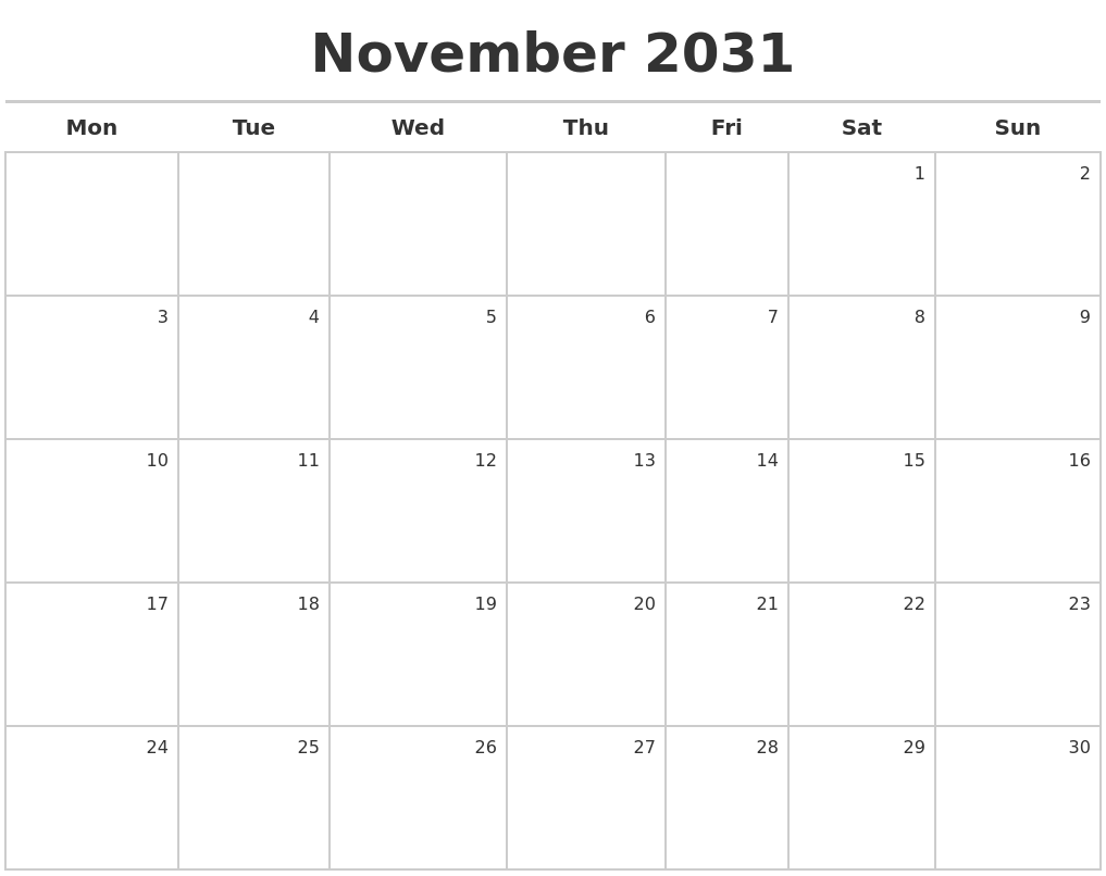 November 2031 Calendar Maker