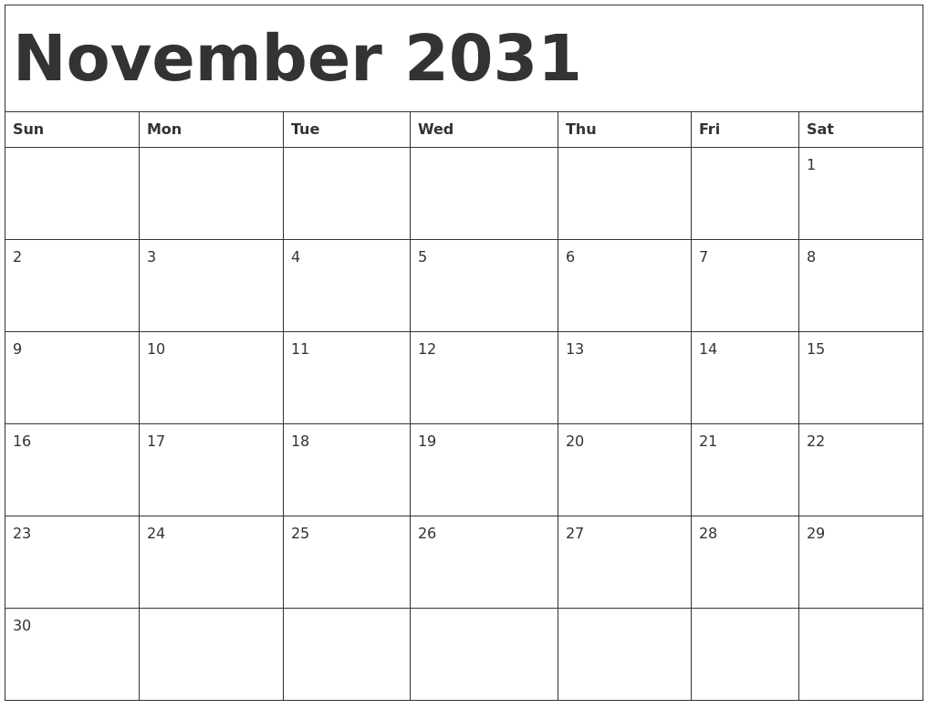November 2031 Calendar Template