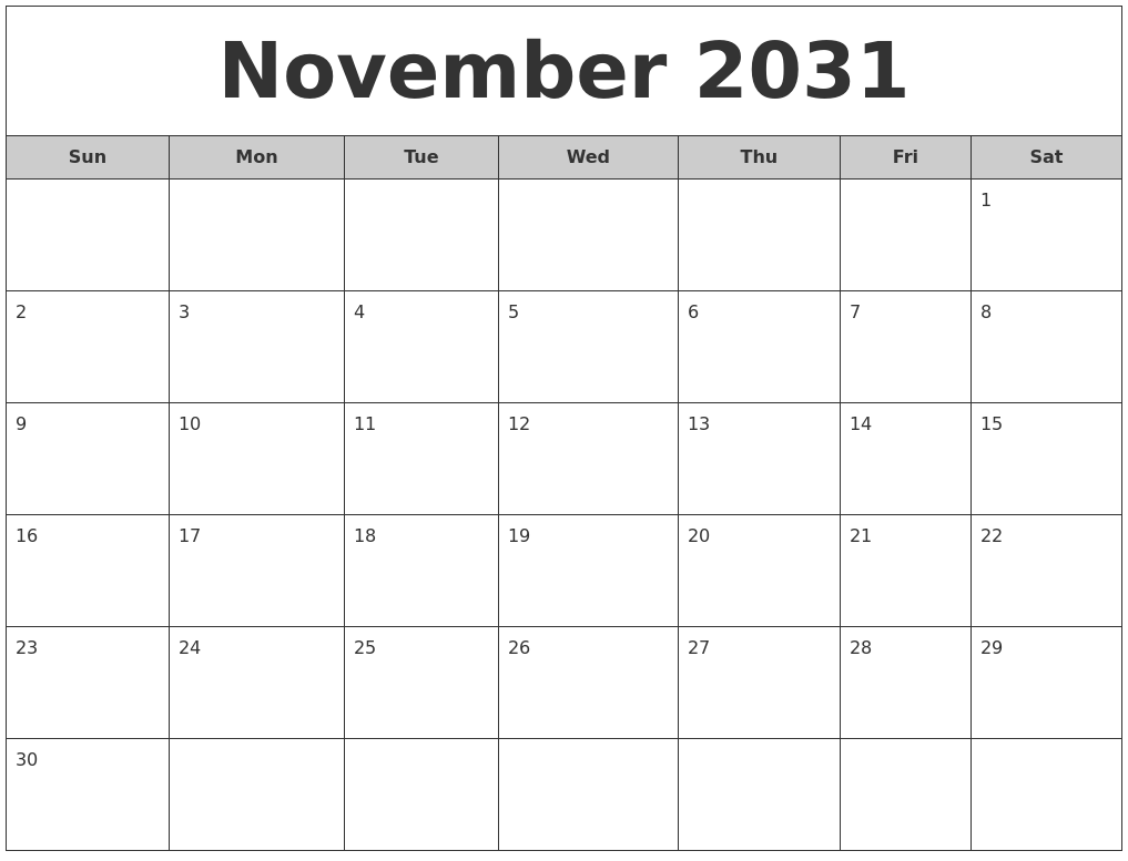 November 2031 Free Monthly Calendar