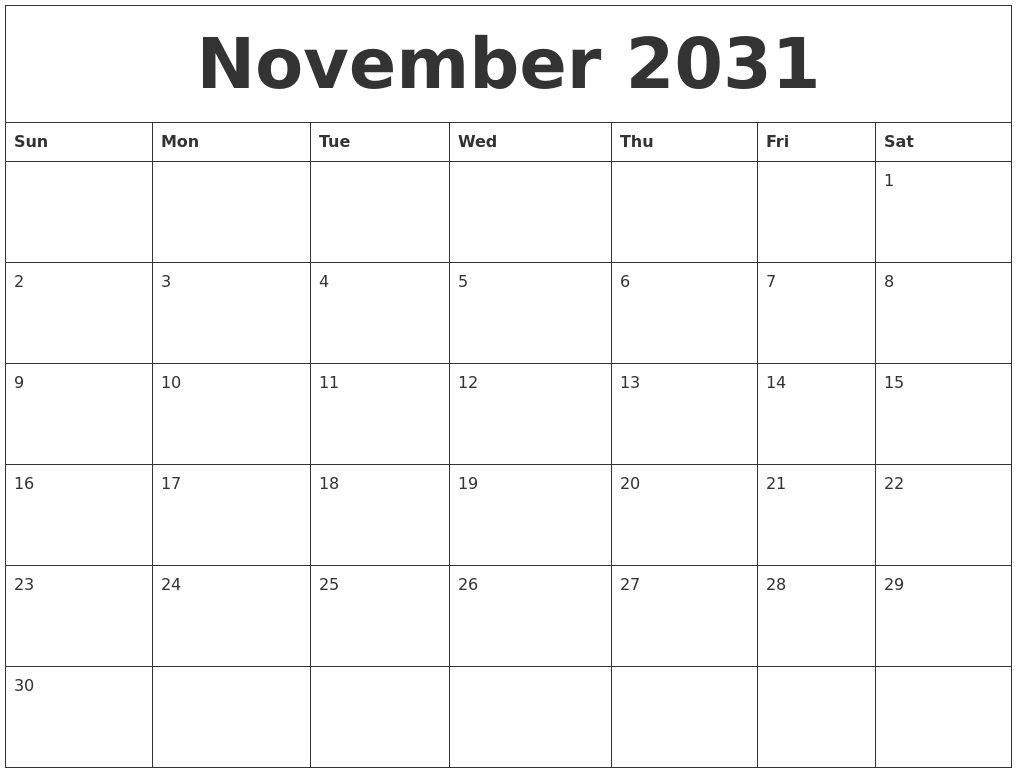 November 2031 Free Printable Weekly Calendar