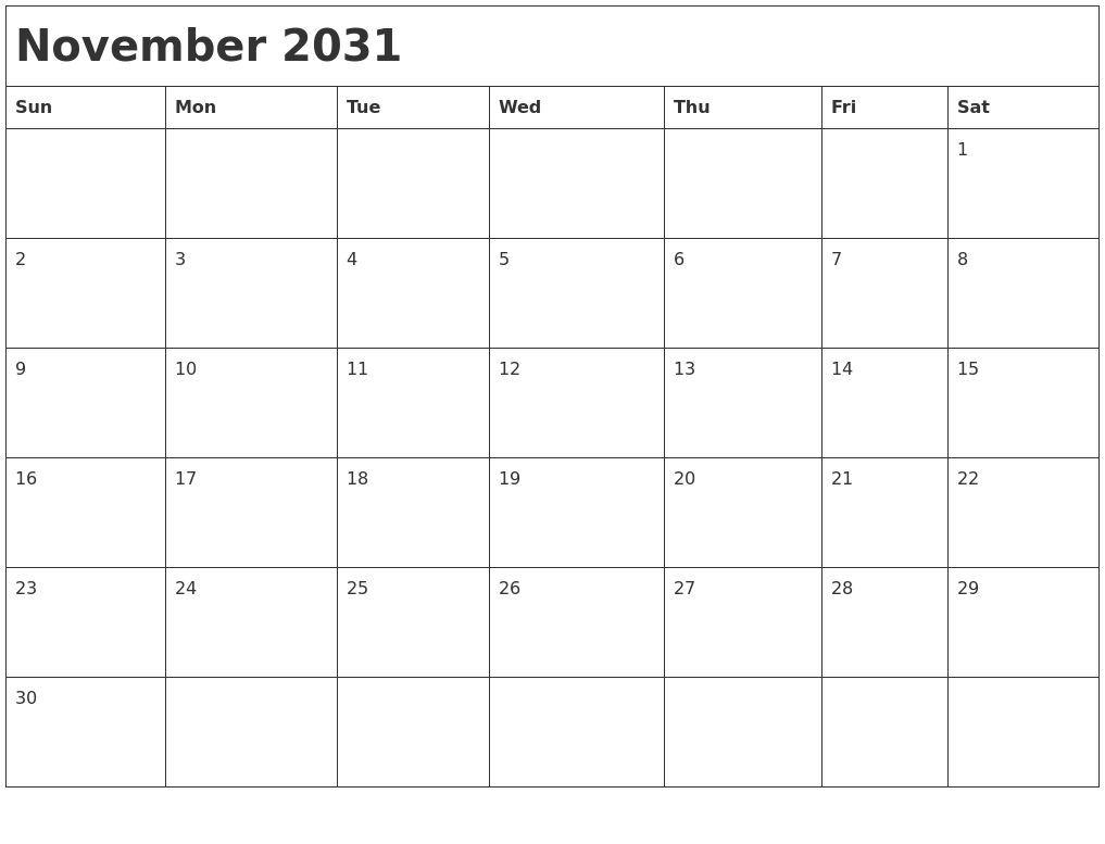 November 2031 Month Calendar