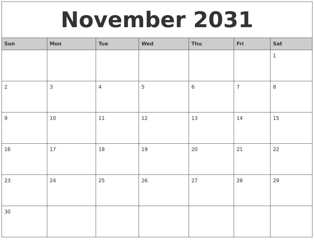 November 2031 Monthly Calendar Printable