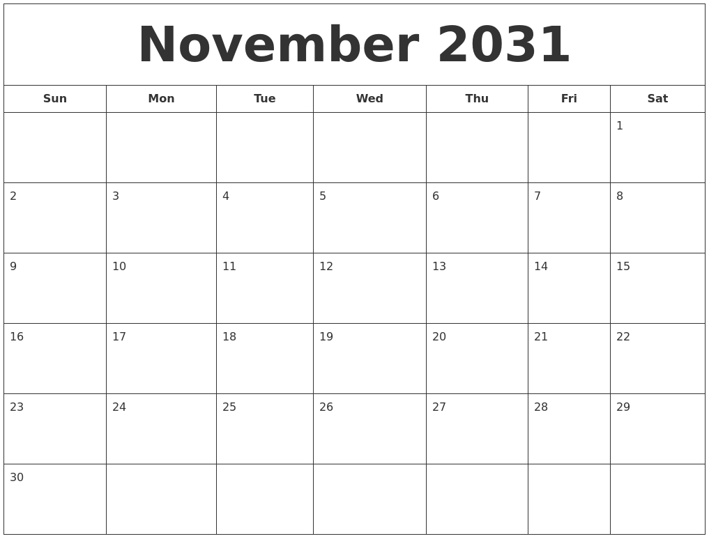 November 2031 Printable Calendar