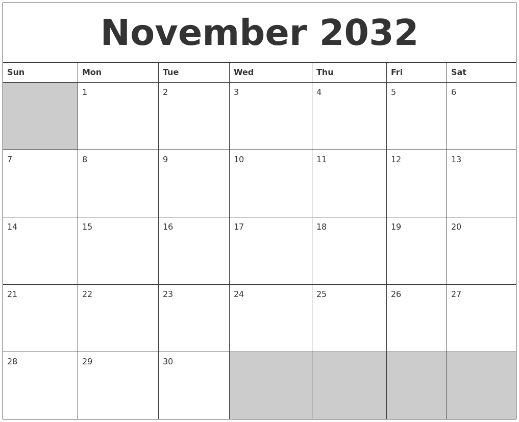 November 2032 Blank Printable Calendar