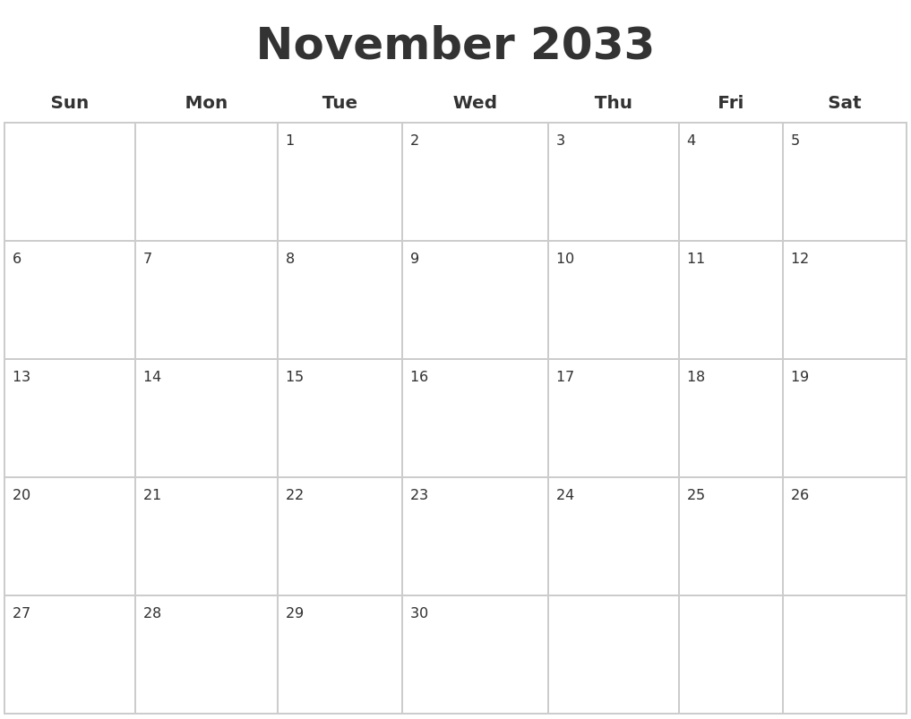 November 2033 Blank Calendar Pages