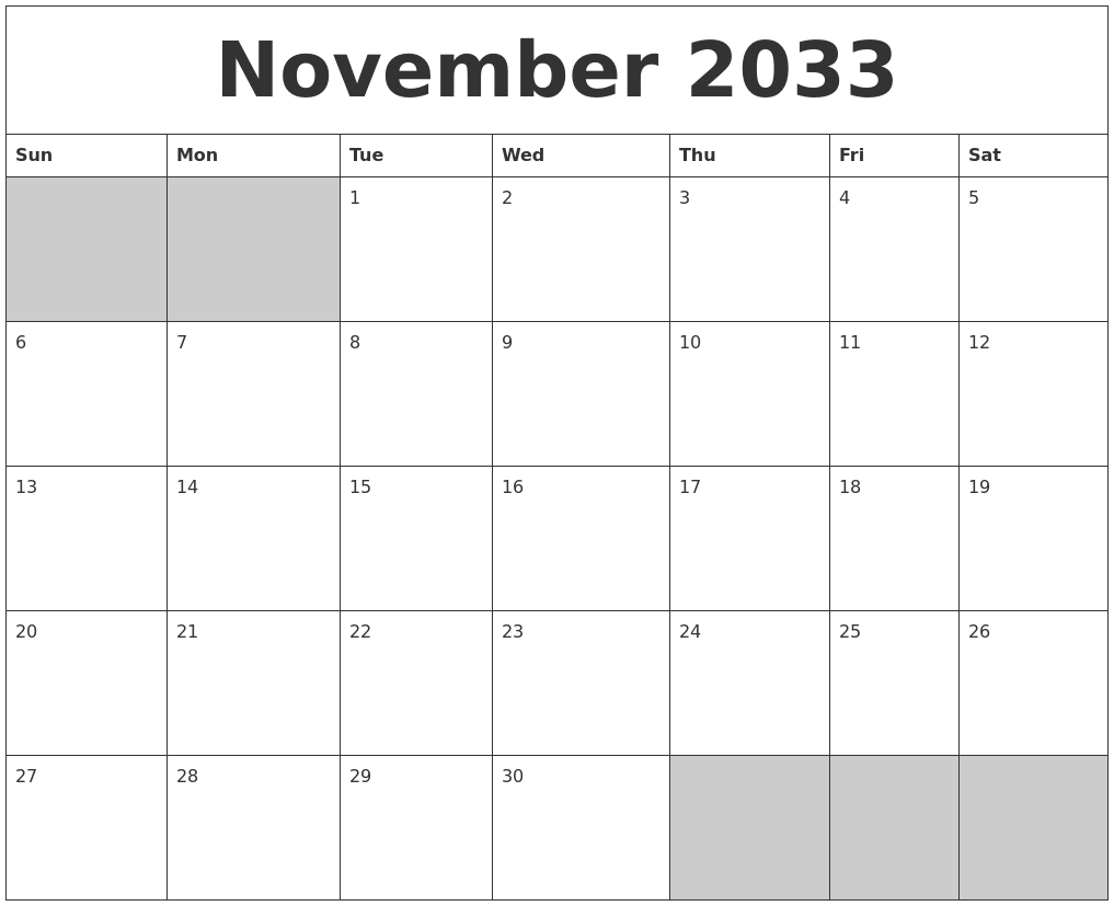 November 2033 Blank Printable Calendar