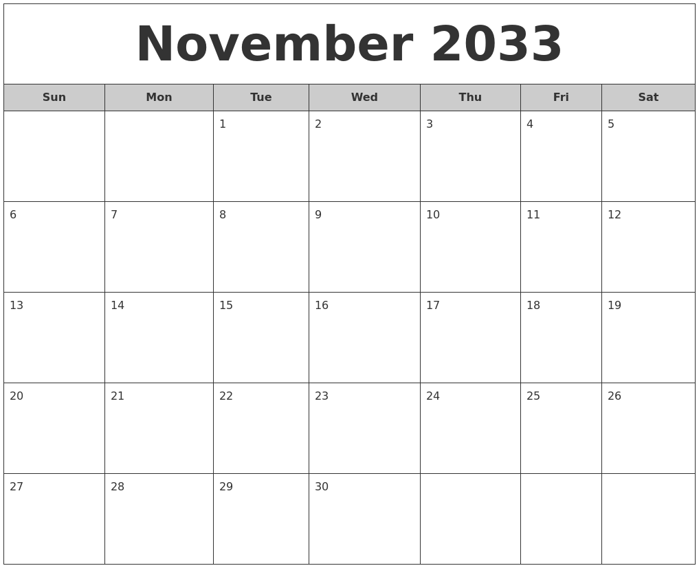 November 2033 Free Monthly Calendar