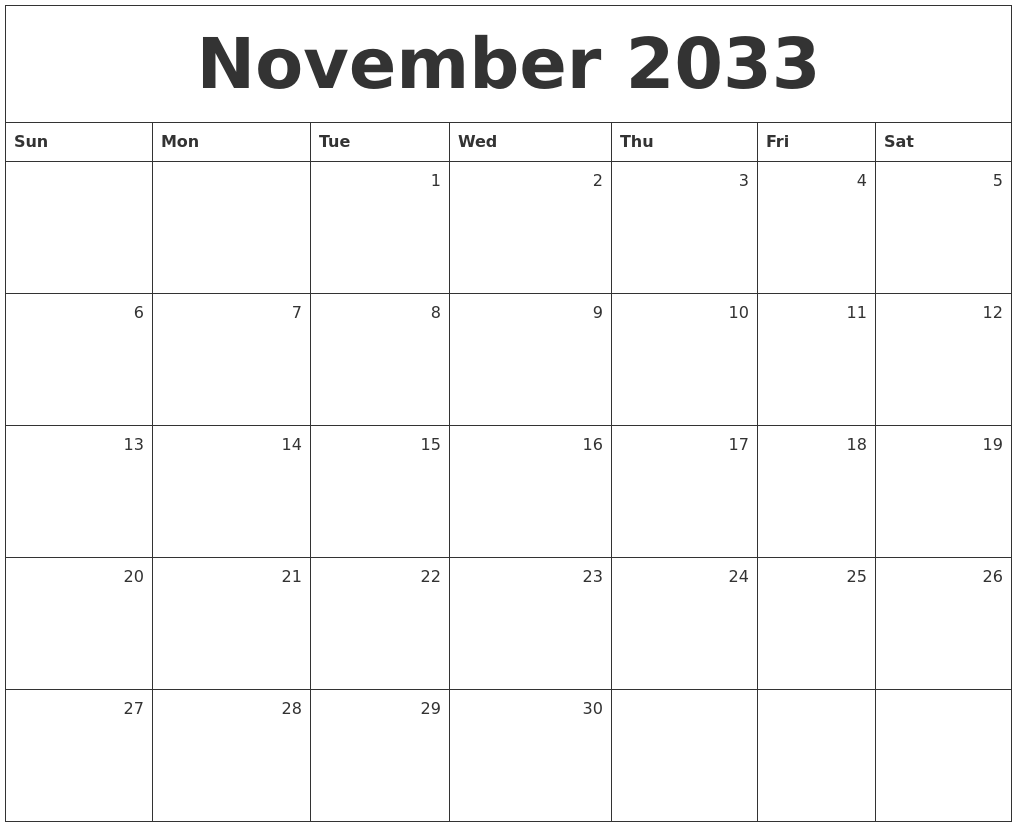 November 2033 Monthly Calendar