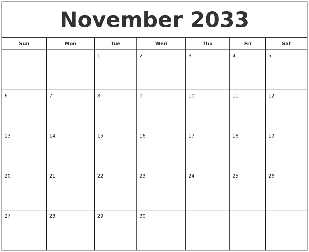 November 2033 Print Free Calendar