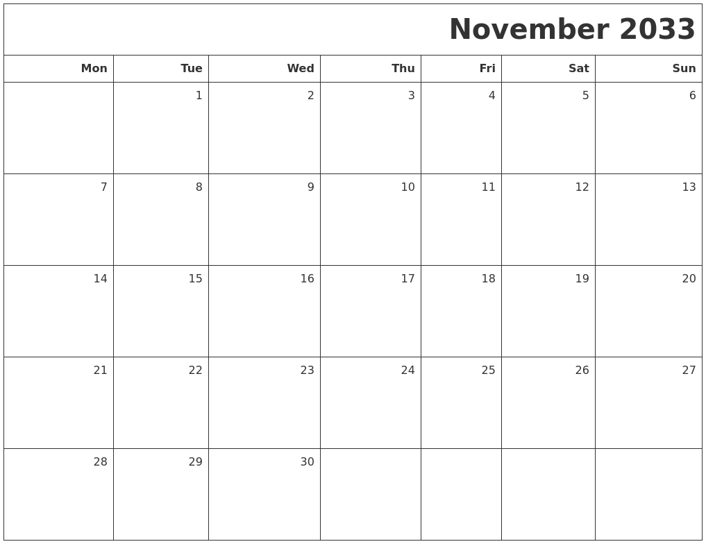 November 2033 Printable Blank Calendar